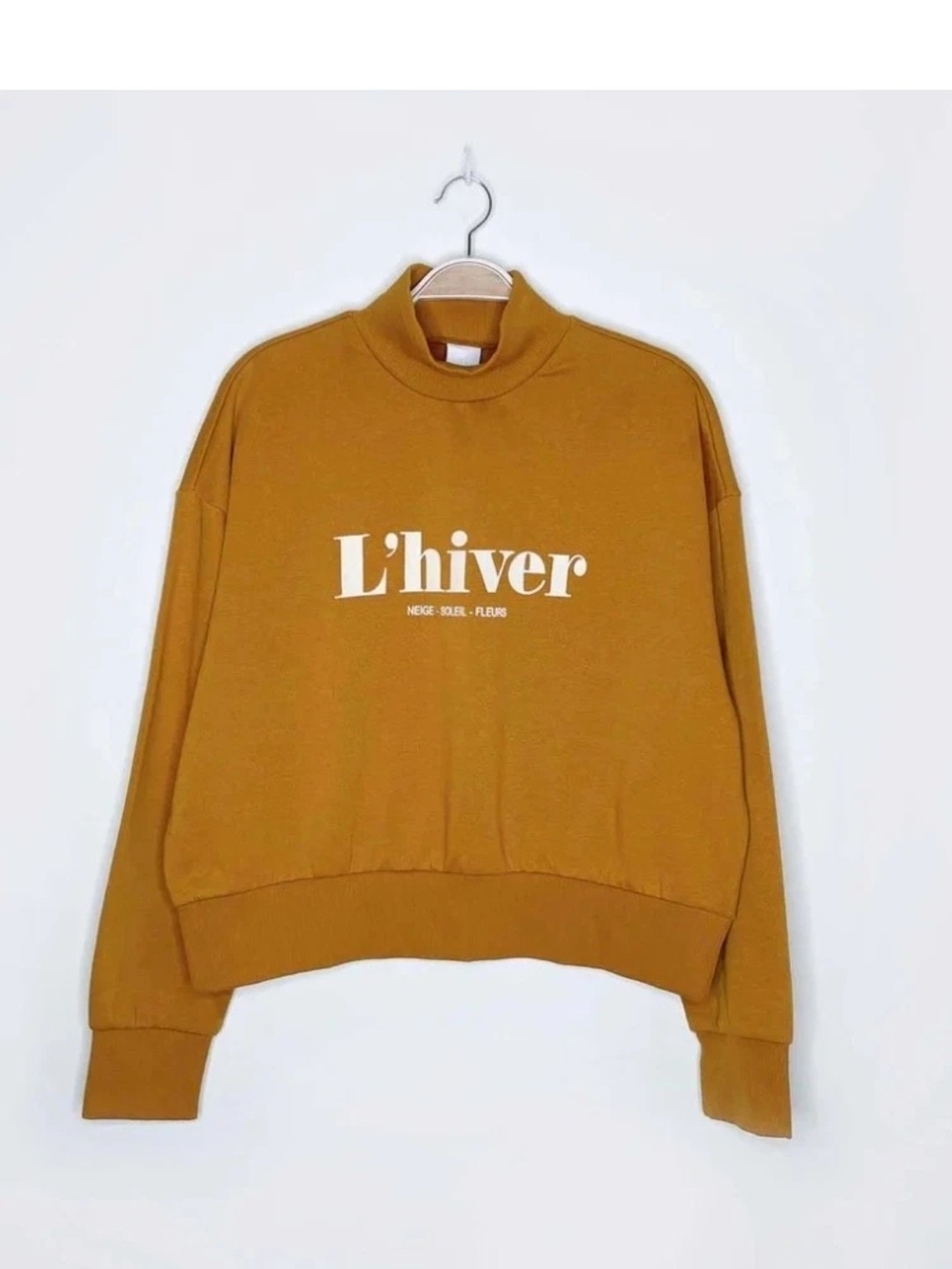H&M Mustard Mock Neck Sweatshirt with 'L'hiver' Print